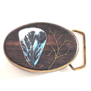 Vintage Brass, Wood & Dendritic Agate Quartz Belt Buckle. BTS 1983. Made In USA